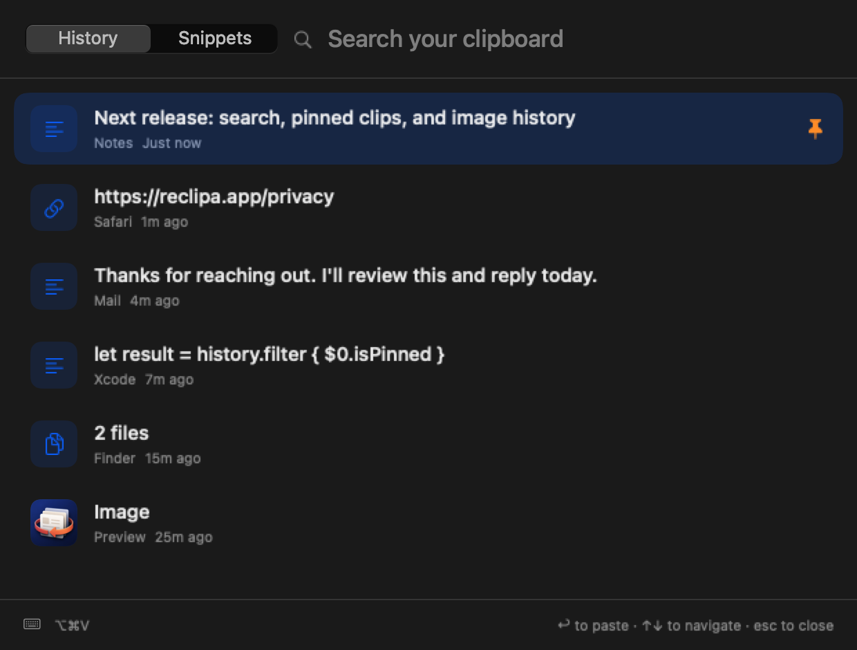 Reclipa clipboard history window