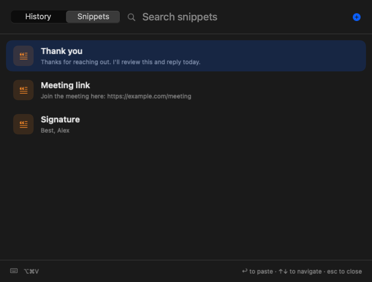 Reclipa reusable snippets window